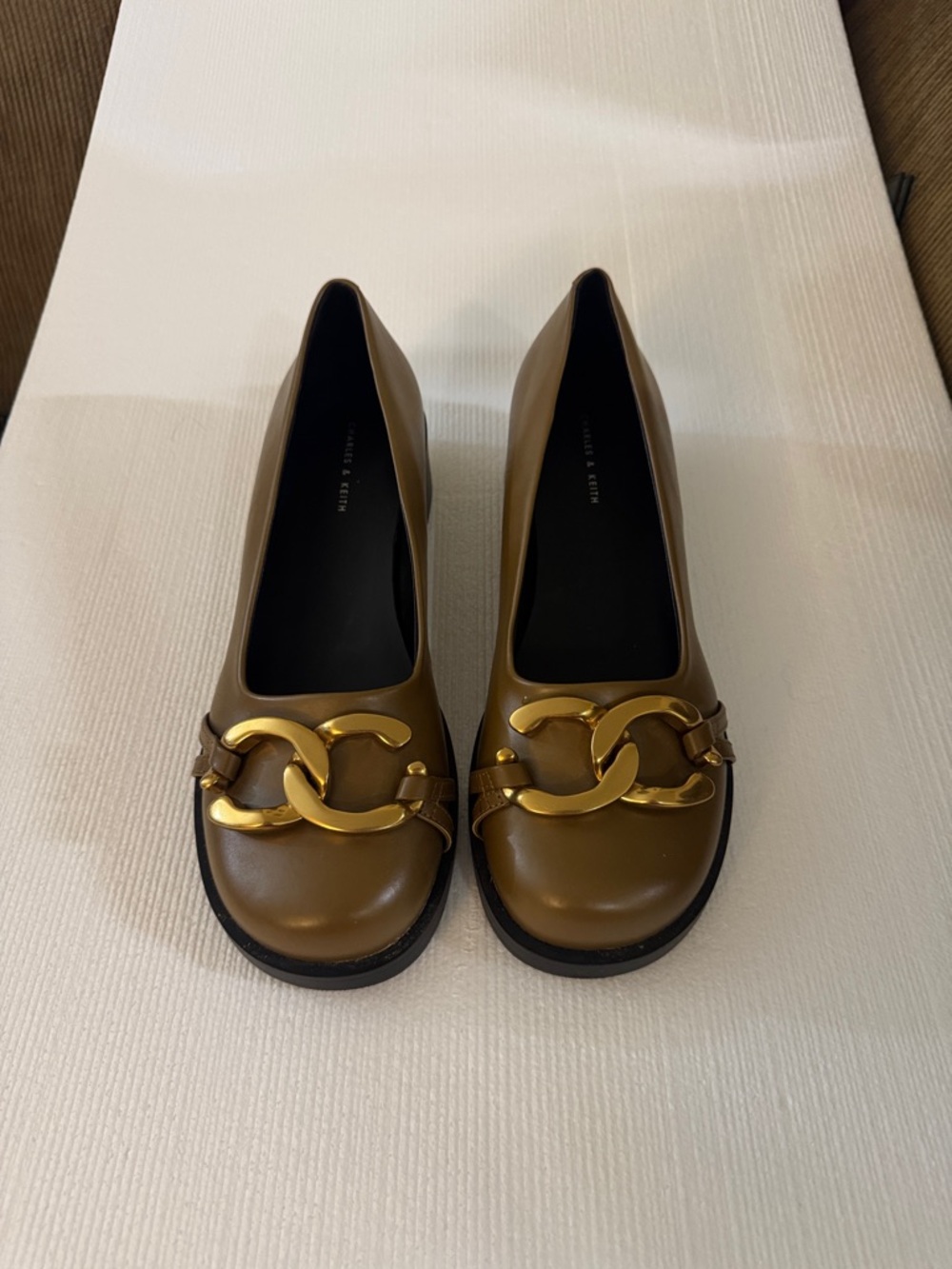 Charles & Keith Olive Brown Leather Flats with Gold Chain